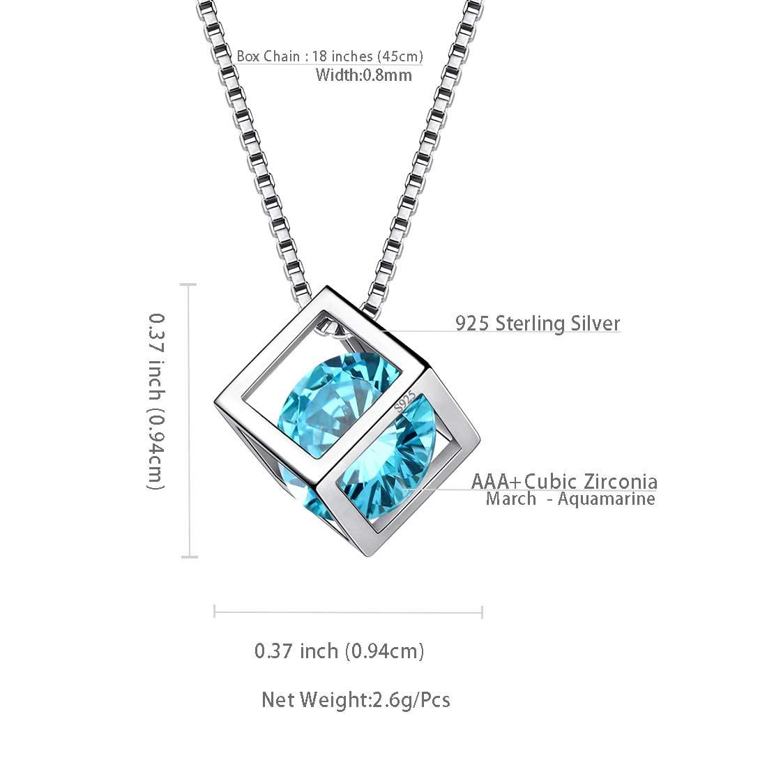 Tokyo Mart 3D Cube Birthstone March Aquamarine Necklace Pendant Women Girls Jewelry Birthday Gift Sterling Silver