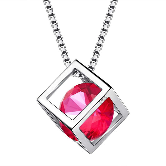 Tokyo Mart 3D Cube Birthstone July Ruby Necklace Pendant Women Girls Jewelry Birthday Gift Sterling Silver