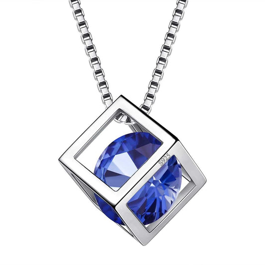 Tokyo Mart 3D Cube Birthstone September Sapphire Necklace Pendant Women Girls Jewelry Birthday Gift Sterling Silver