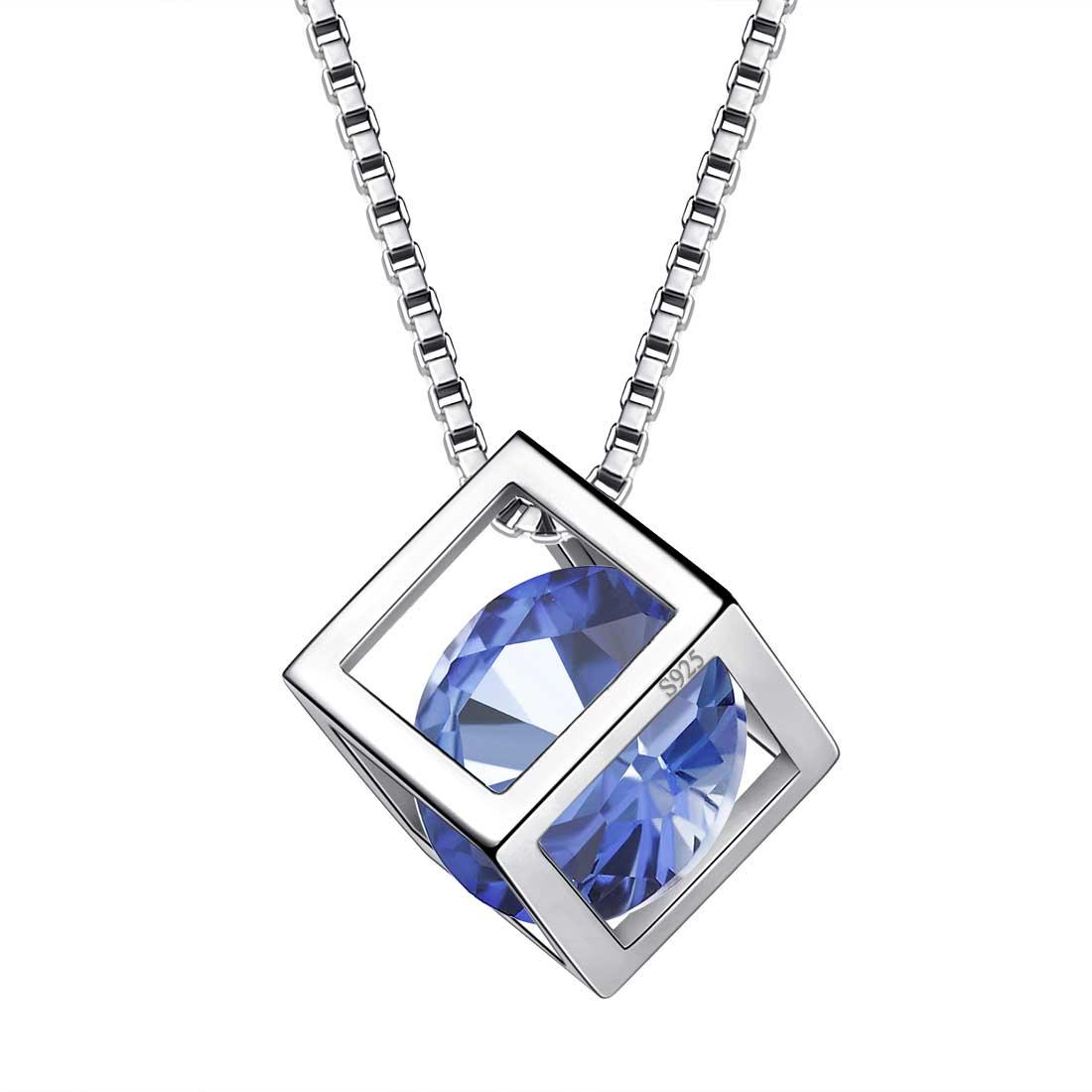 Tokyo Mart 3D Cube Birthstone December Tanzanite Necklace Pendant Women Girls Jewelry Birthday Gift Sterling Silver