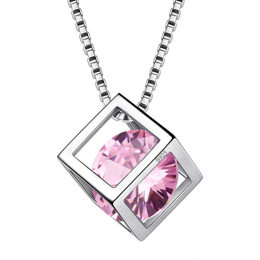 Tokyo Mart 3D Cube Birthstone October Tourmaline Necklace Pendant Women Girls Jewelry Birthday Gift Sterling Silver