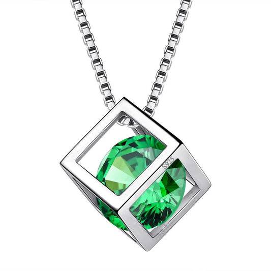 Tokyo Mart 3D Cube Birthstone May Emerald Necklace Pendant Women Girls Jewelry Birthday Gift