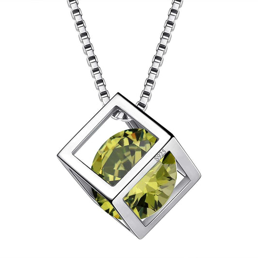 Tokyo Mart 3D Cube Birthstone August Peridot Necklace Pendant Women Girls Jewelry Birthday Gift Sterling Silver