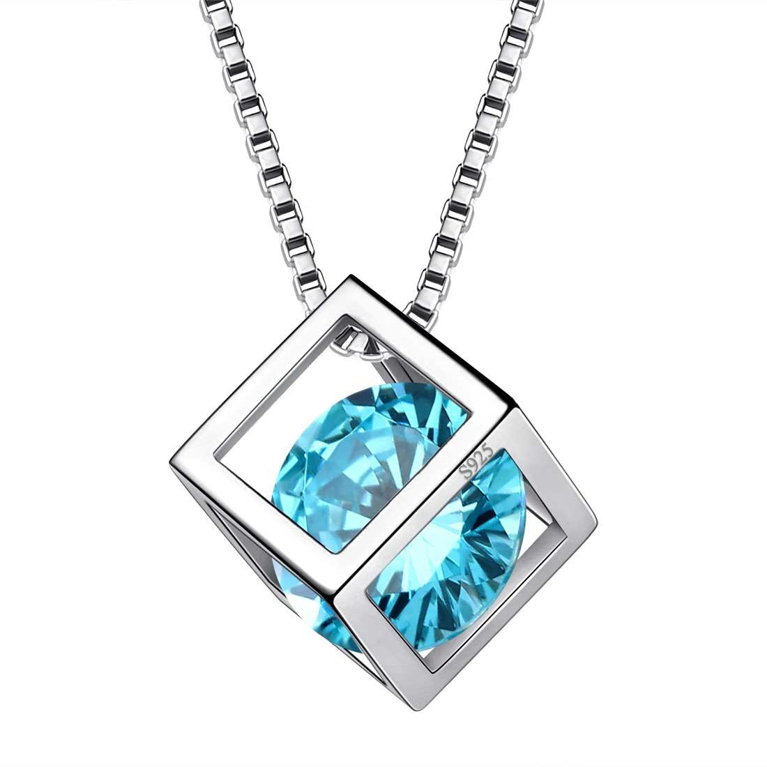 Tokyo Mart 3D Cube Birthstone March Aquamarine Necklace Pendant Women Girls Jewelry Birthday Gift Sterling Silver