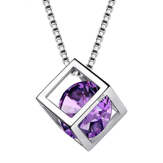 Tokyo Mart 3D Cube Birthstone February Amethyst Necklace Pendant Women Girls Jewelry Birthday Gift Sterling Silver