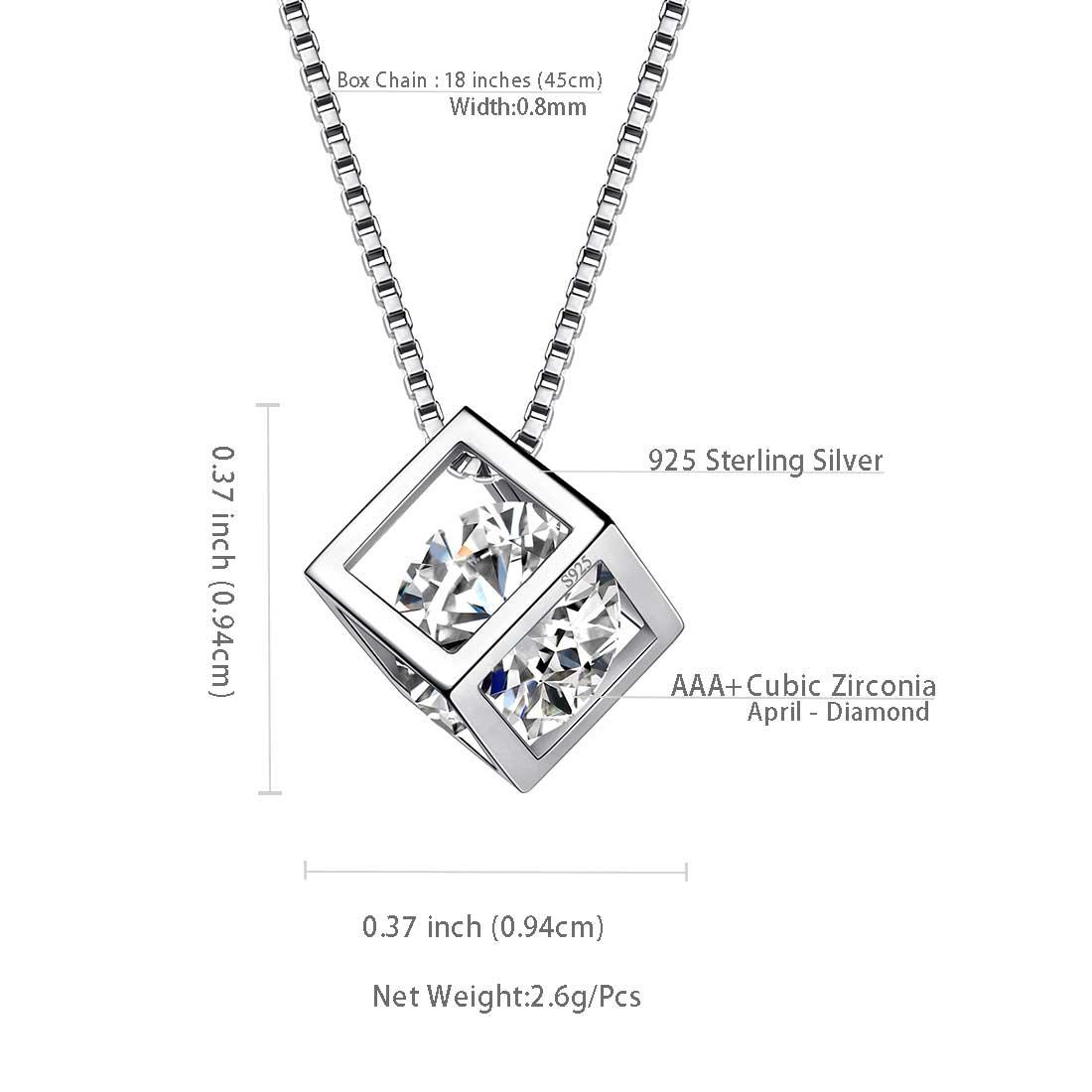 Tokyo Mart 3D Cube Birthstone April Diamond Necklace Pendant Women Girls Jewelry Birthday Gift Sterling Silver