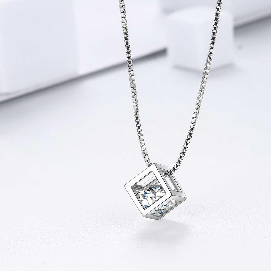 Tokyo Mart 3D Cube Birthstone April Diamond Necklace Pendant Women Girls Jewelry Birthday Gift Sterling Silver