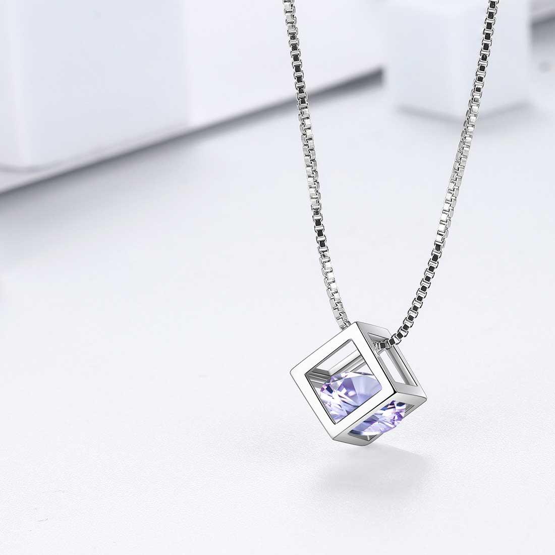 Tokyo Mart 3D Cube Birthstone June Alexandrite Necklace Pendant Women Girls Jewelry Birthday Gift Sterling Silver