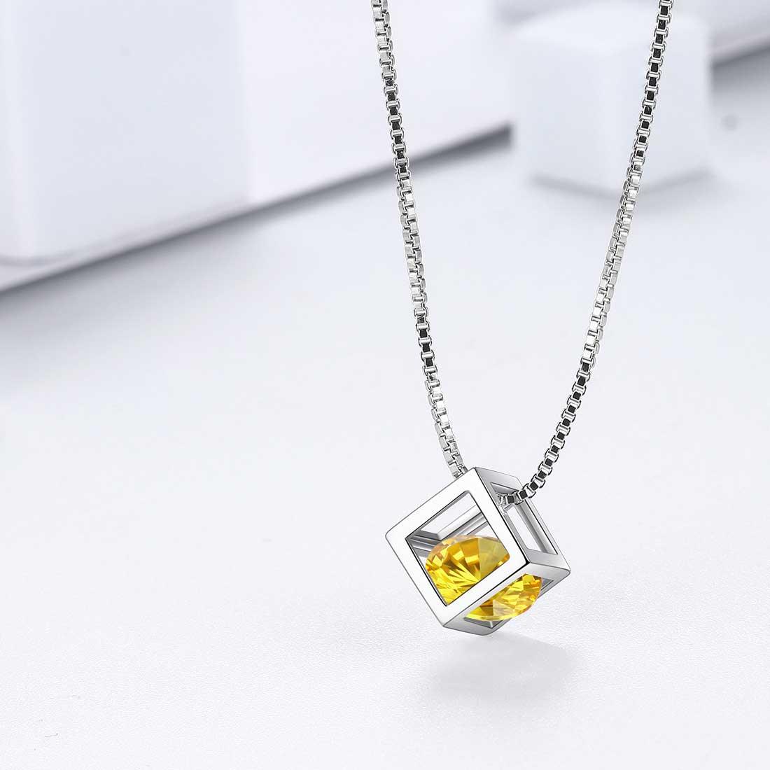 Tokyo Mart 3D Cube Birthstone November Citrine Necklace Pendant Women Girls Jewelry Birthday Gift Sterling Silver