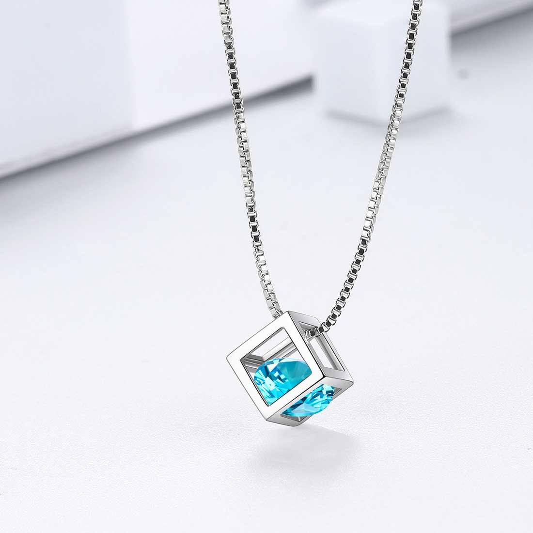 Tokyo Mart 3D Cube Birthstone March Aquamarine Necklace Pendant Women Girls Jewelry Birthday Gift Sterling Silver