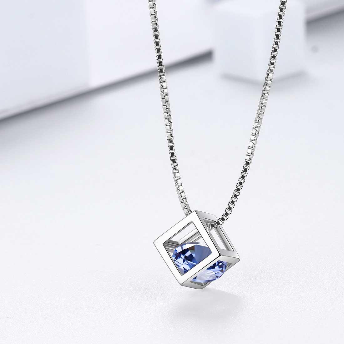 Tokyo Mart 3D Cube Birthstone December Tanzanite Necklace Pendant Women Girls Jewelry Birthday Gift Sterling Silver