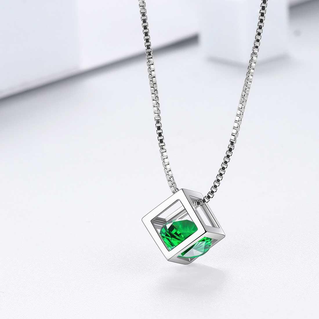 Tokyo Mart 3D Cube Birthstone May Emerald Necklace Pendant Women Girls Jewelry Birthday Gift