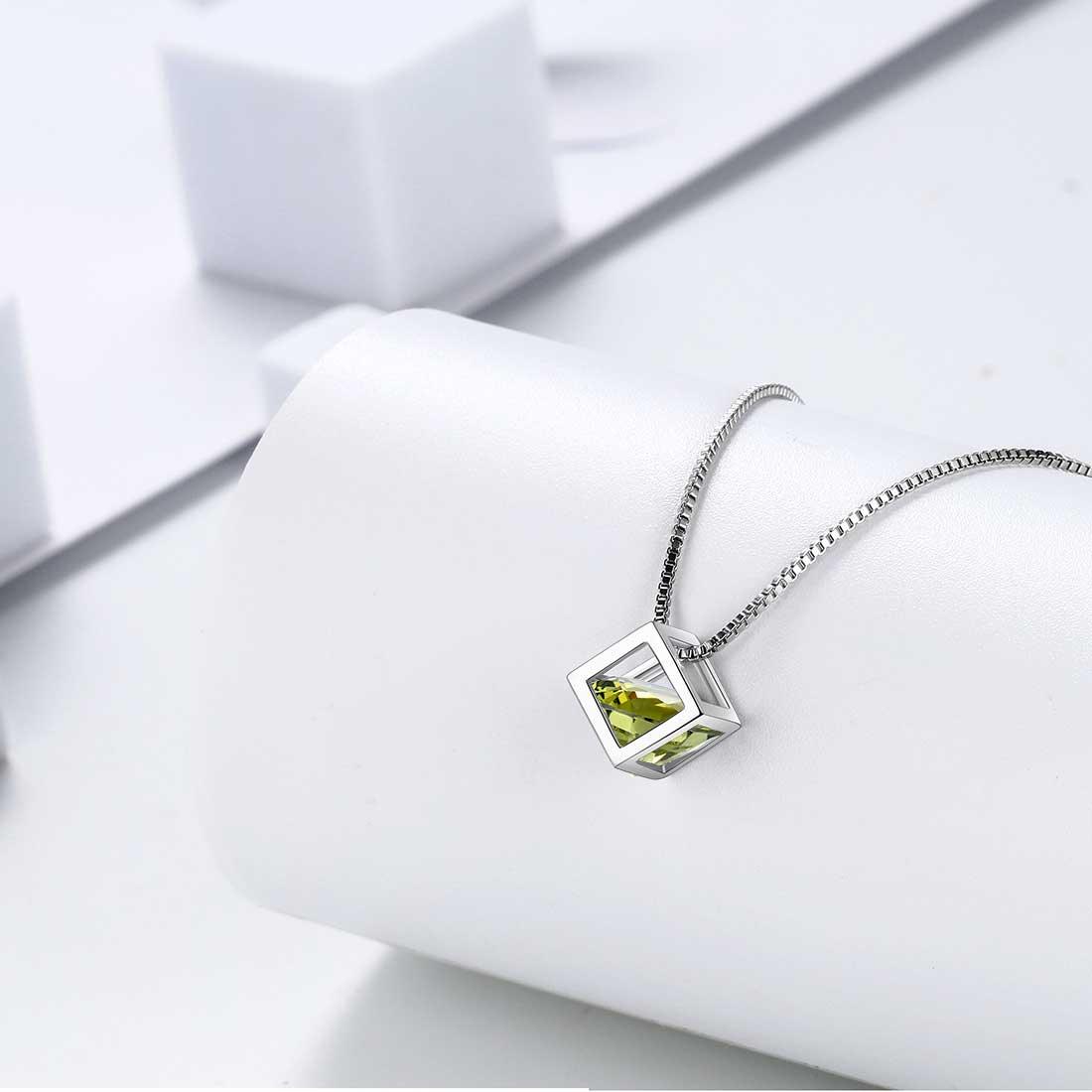 Tokyo Mart 3D Cube Birthstone August Peridot Necklace Pendant Women Girls Jewelry Birthday Gift Sterling Silver