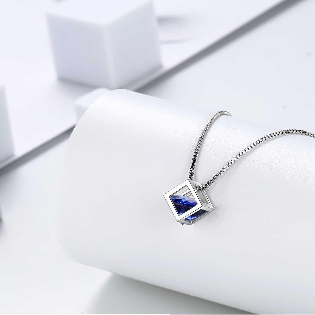 Tokyo Mart 3D Cube Birthstone September Sapphire Necklace Pendant Women Girls Jewelry Birthday Gift Sterling Silver