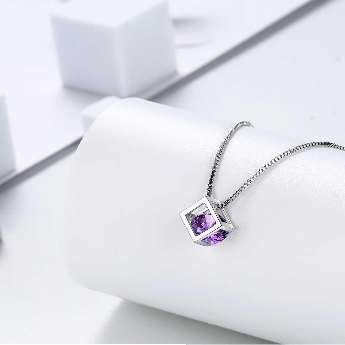 Tokyo Mart 3D Cube Birthstone February Amethyst Necklace Pendant Women Girls Jewelry Birthday Gift Sterling Silver