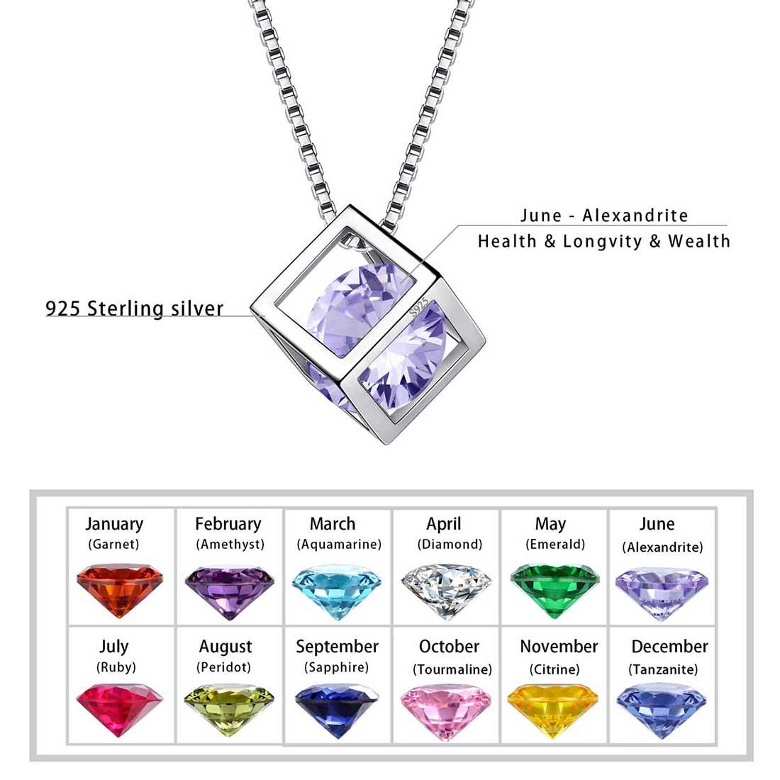 Tokyo Mart 3D Cube Birthstone June Alexandrite Necklace Pendant Women Girls Jewelry Birthday Gift Sterling Silver