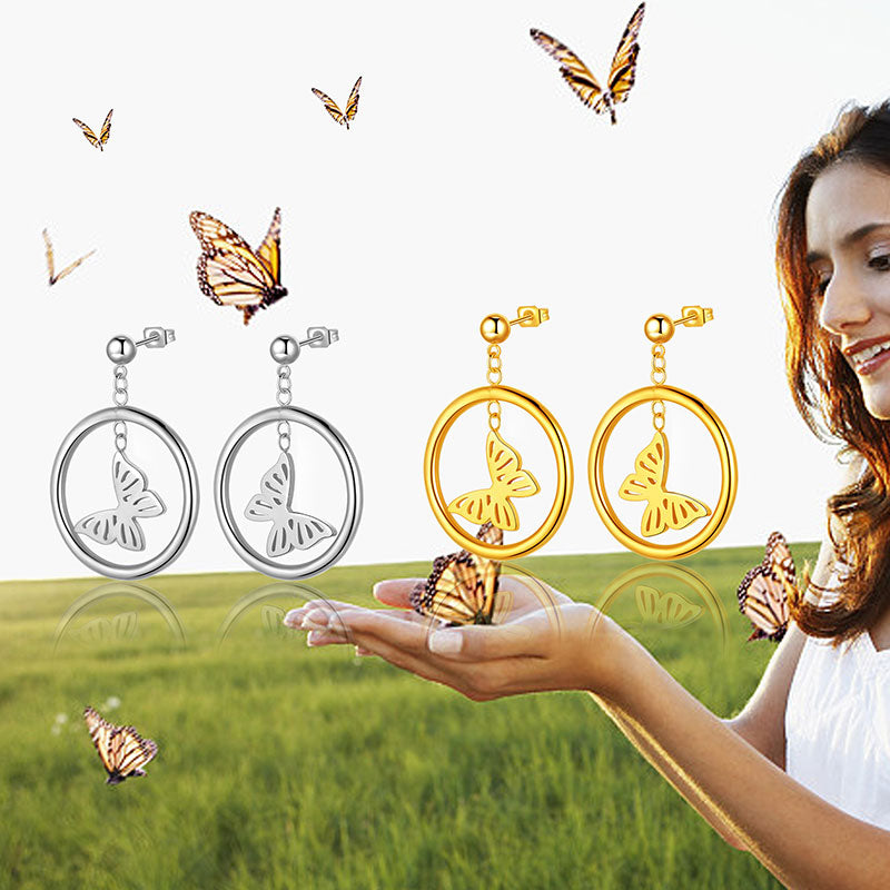 Tokyo Mart Women Butterfly Circle Dangle Earrings Jewelry Stainless Steel