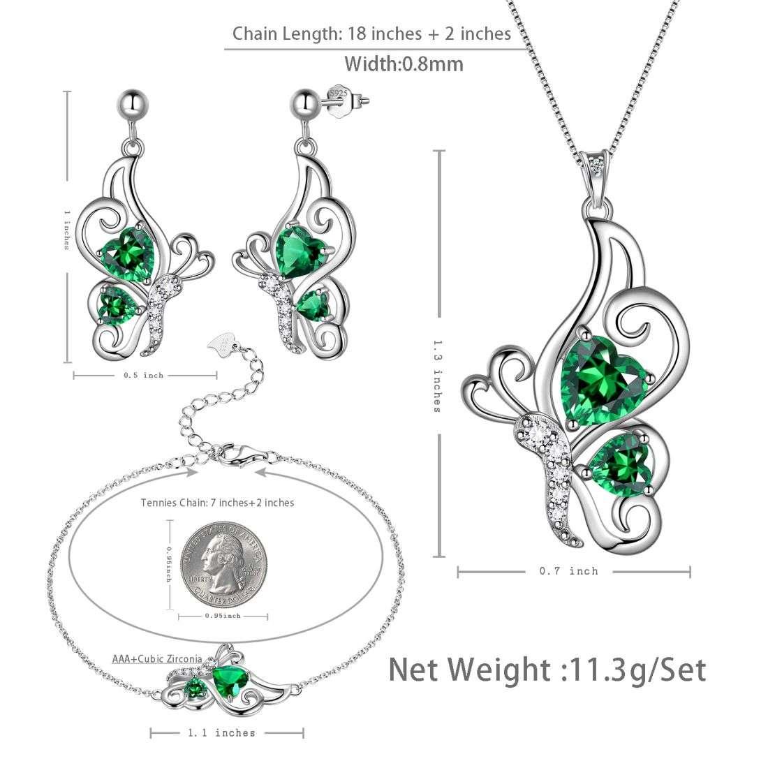 Tokyo Mart Butterfly Birthstone May Emerald Jewelry Set 4PCS Women Girls Birthday Gift