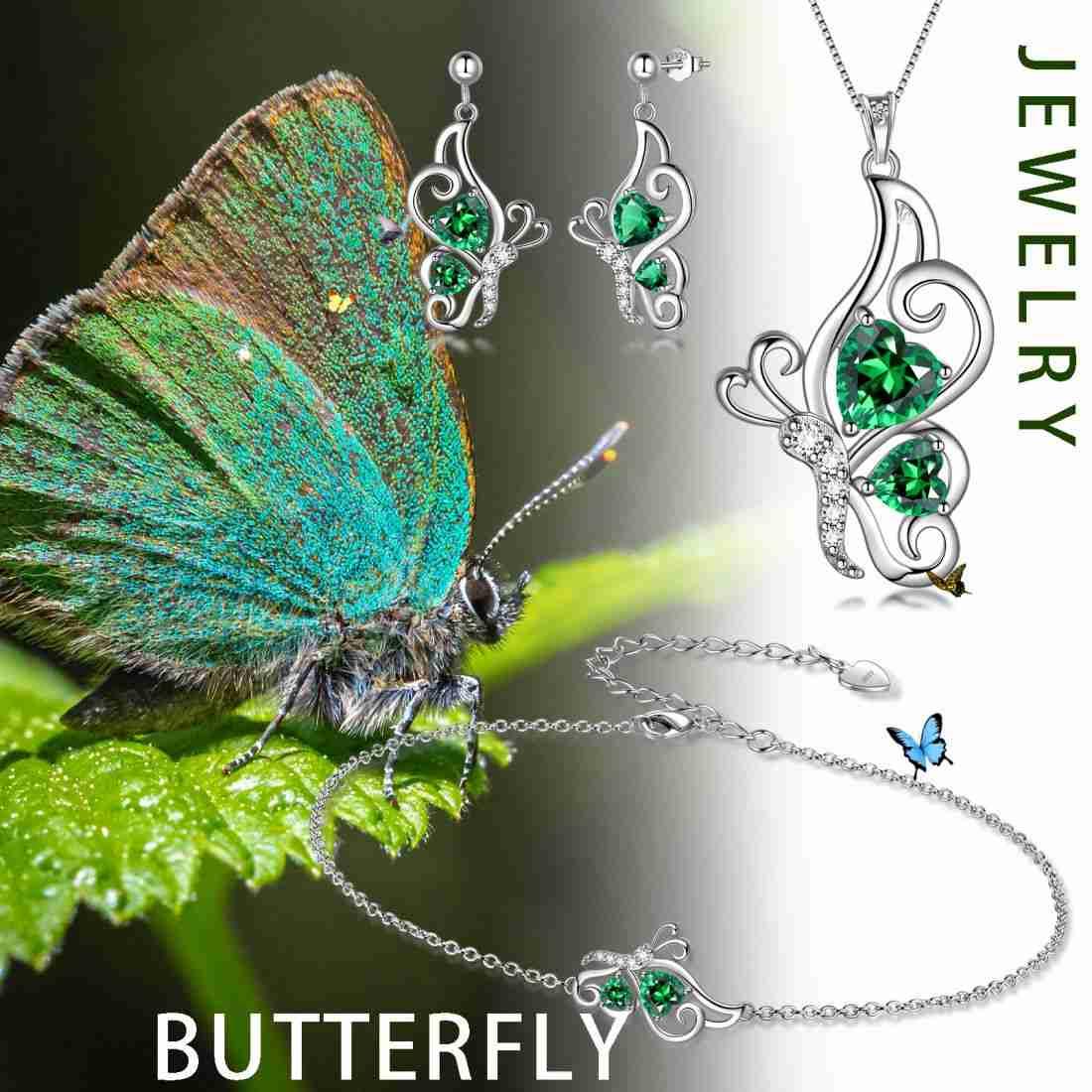 Tokyo Mart Butterfly Birthstone May Emerald Jewelry Set 4PCS Women Girls Birthday Gift