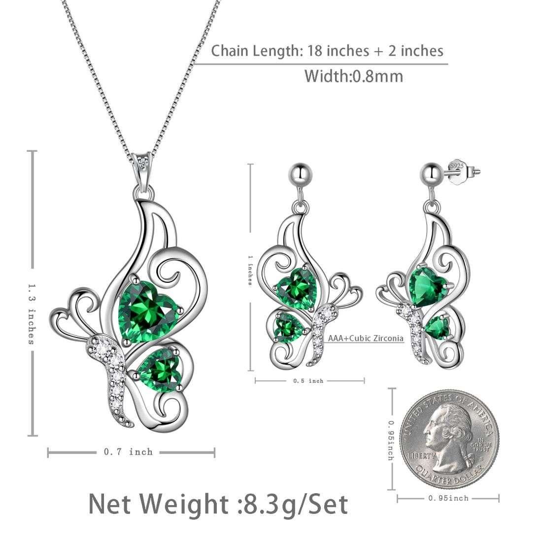 Tokyo Mart Butterfly Birthstone May Emerald Jewelry Set 3PCS Women Girls Birthday Gift