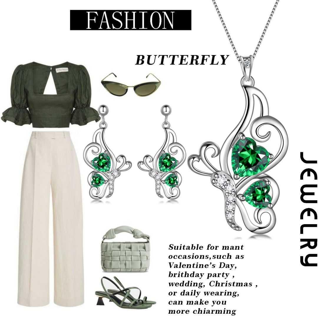 Tokyo Mart Butterfly Birthstone May Emerald Jewelry Set 3PCS Women Girls Birthday Gift