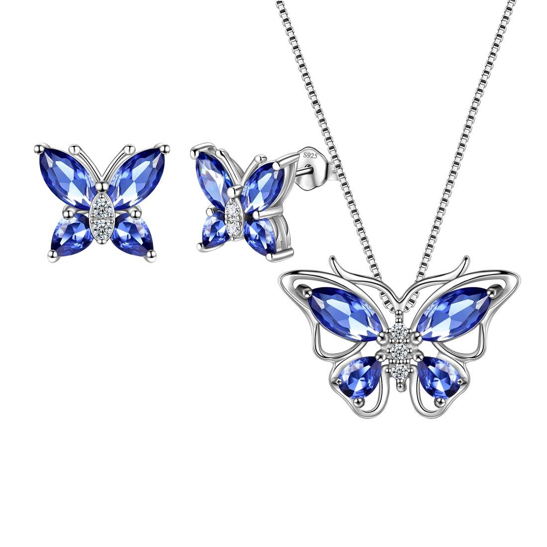 Tokyo Mart Women Butterfly Necklace Earrings Jewelry Set Birthstone Birthday Gift 925 Sterling Silver