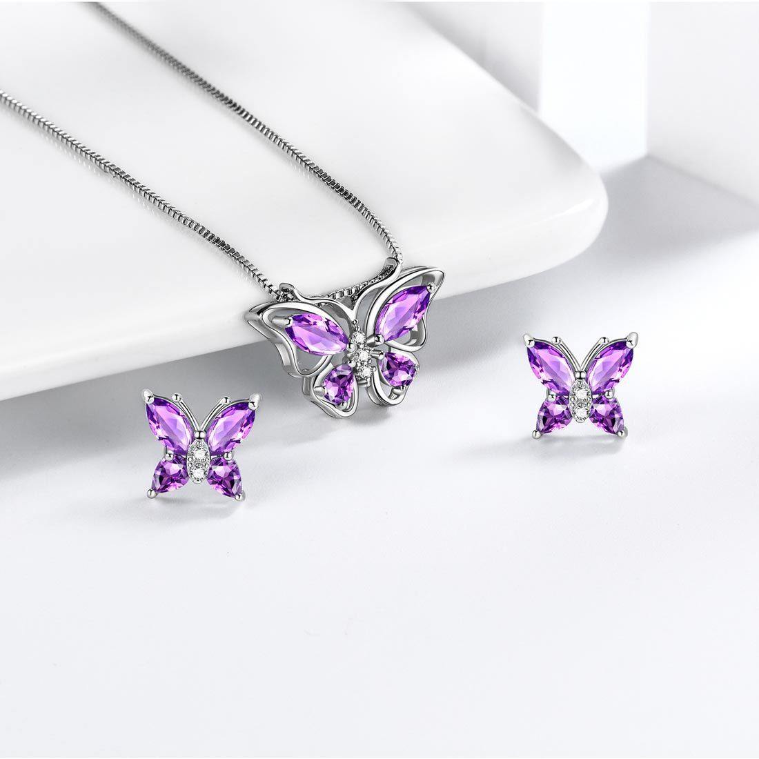 Tokyo Mart Butterfly Jewelry Set Birthstone February Amethyst Women Girls Birthday Gift