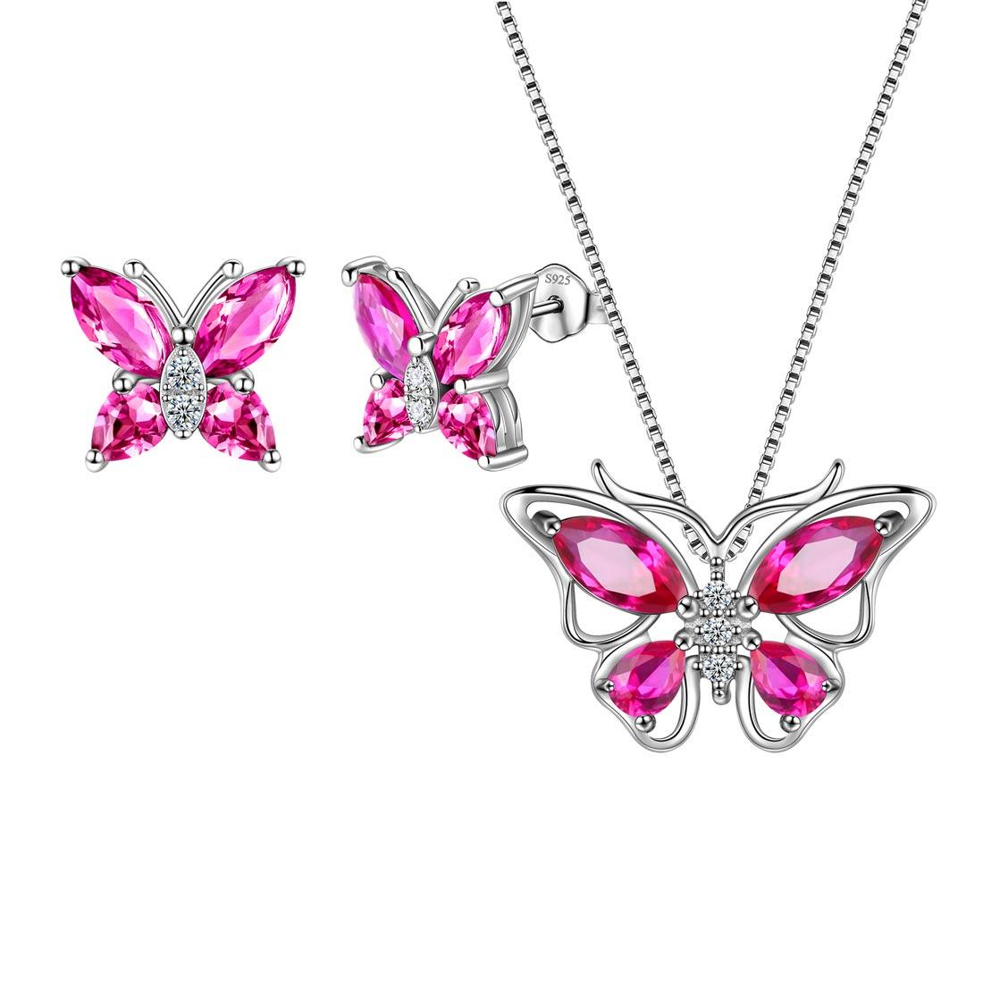 Tokyo Mart Women Butterfly Necklace Earrings Jewelry Set Birthstone Birthday Gift 925 Sterling Silver