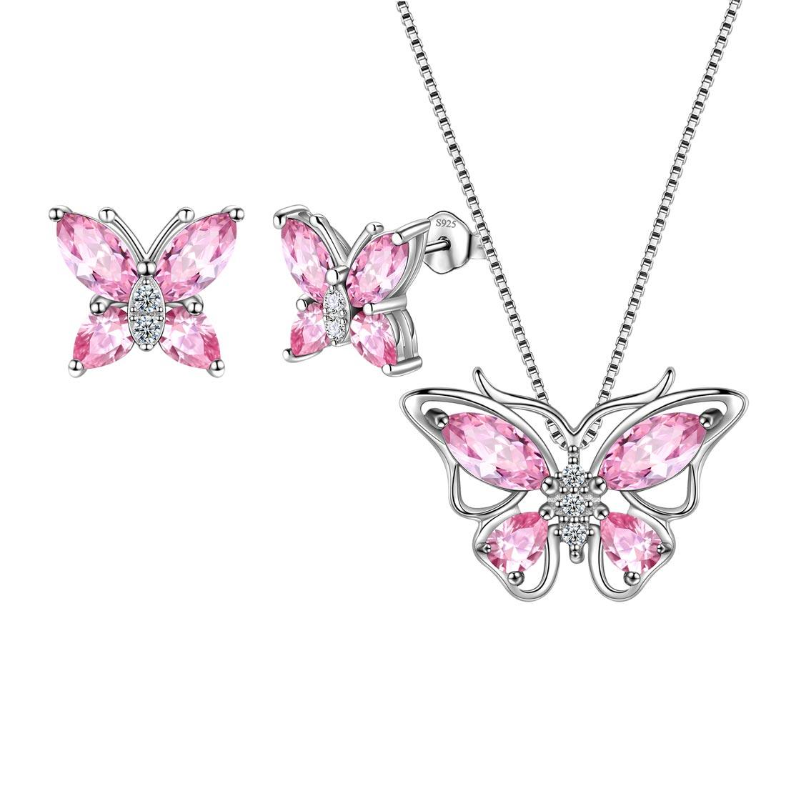 Tokyo Mart Women Butterfly Necklace Earrings Jewelry Set Birthstone Birthday Gift 925 Sterling Silver