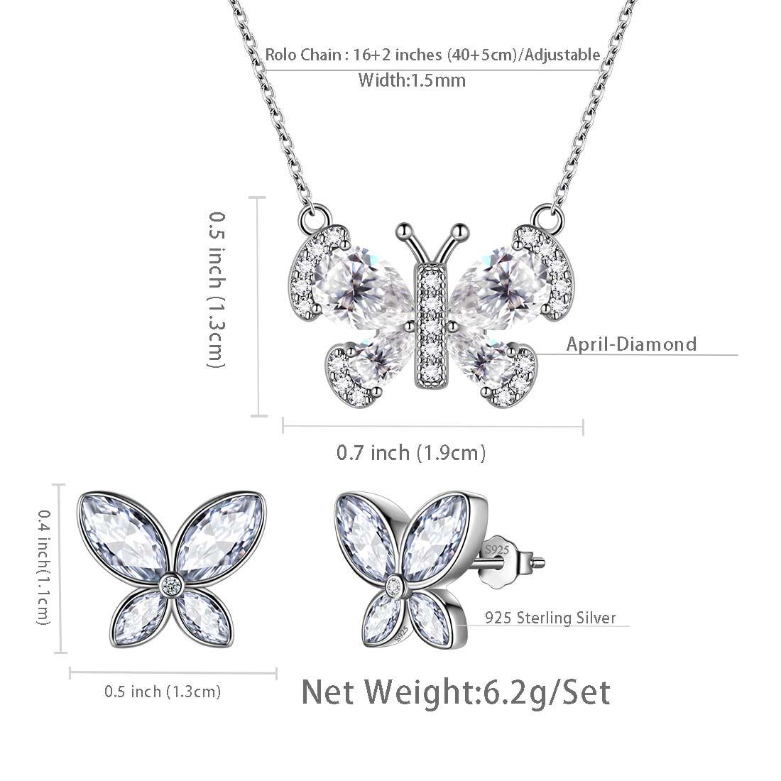 Tokyo Mart Butterfly Birthstone April Diamond Jewelry Set 3PCS Women Girls Birthday Gift