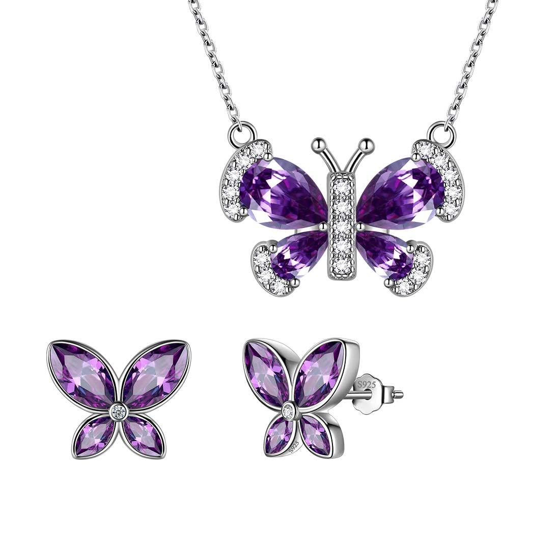 Tokyo Mart Butterfly Birthstone February Amethyst Jewelry Set 3PCS Women Girls Birthday Gift