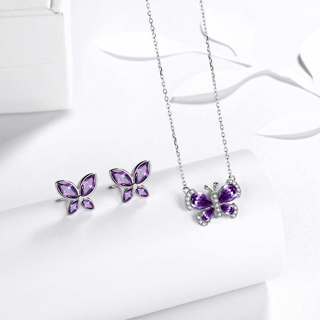 Tokyo Mart Butterfly Birthstone February Amethyst Jewelry Set 3PCS Women Girls Birthday Gift