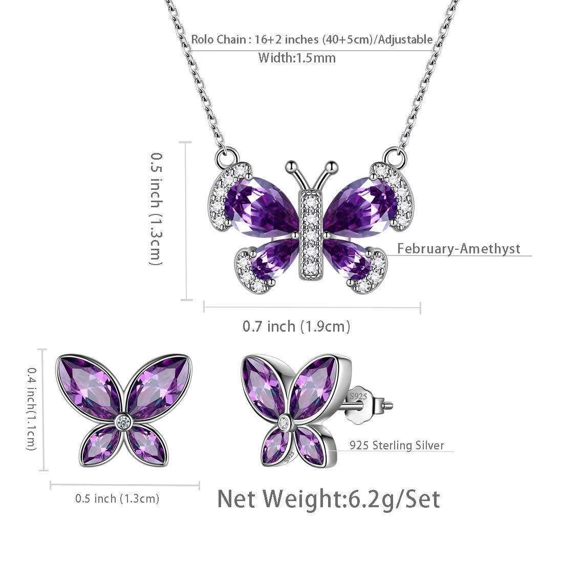 Tokyo Mart Butterfly Birthstone February Amethyst Jewelry Set 3PCS Women Girls Birthday Gift