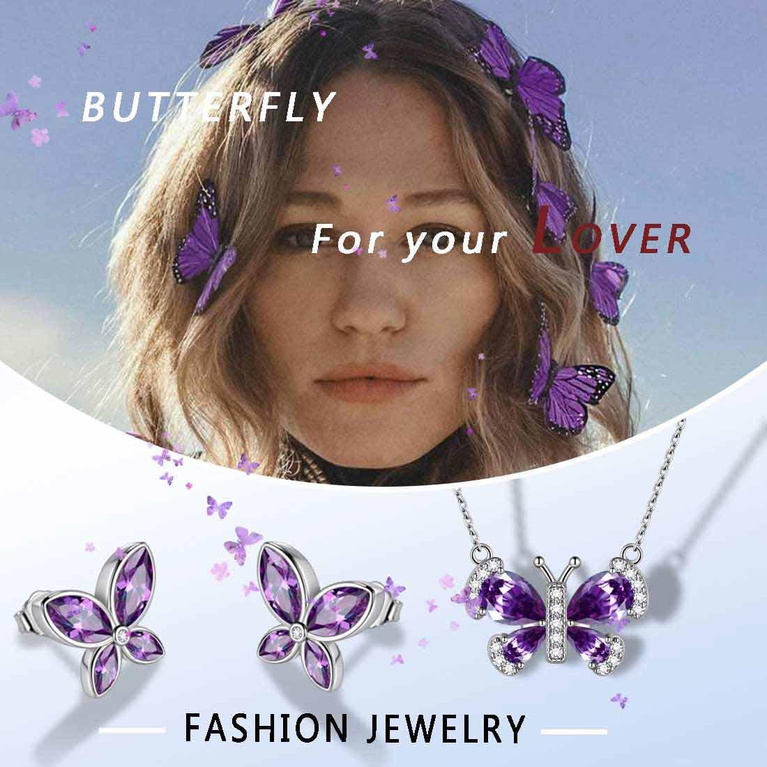 Tokyo Mart Butterfly Birthstone February Amethyst Jewelry Set 3PCS Women Girls Birthday Gift