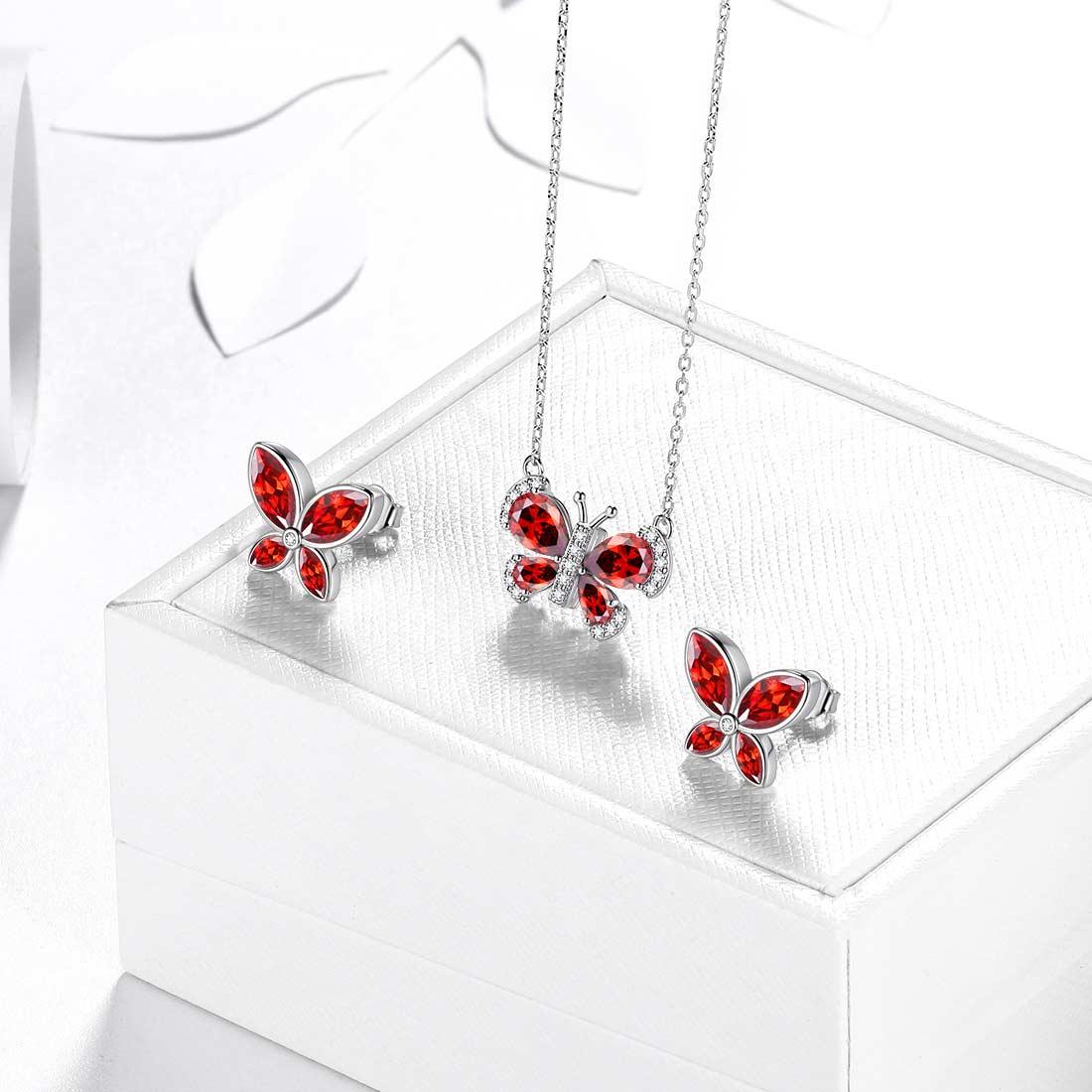 Tokyo Mart Butterfly Birthstone January Garnet Jewelry Set 3PCS Women Girls Birthday Gift