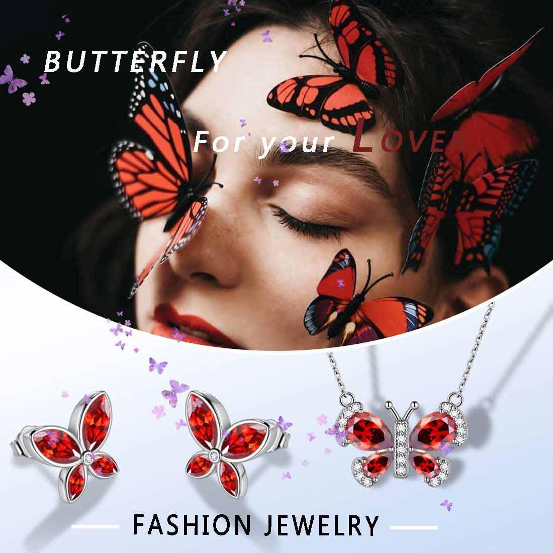 Tokyo Mart Butterfly Birthstone January Garnet Jewelry Set 3PCS Women Girls Birthday Gift