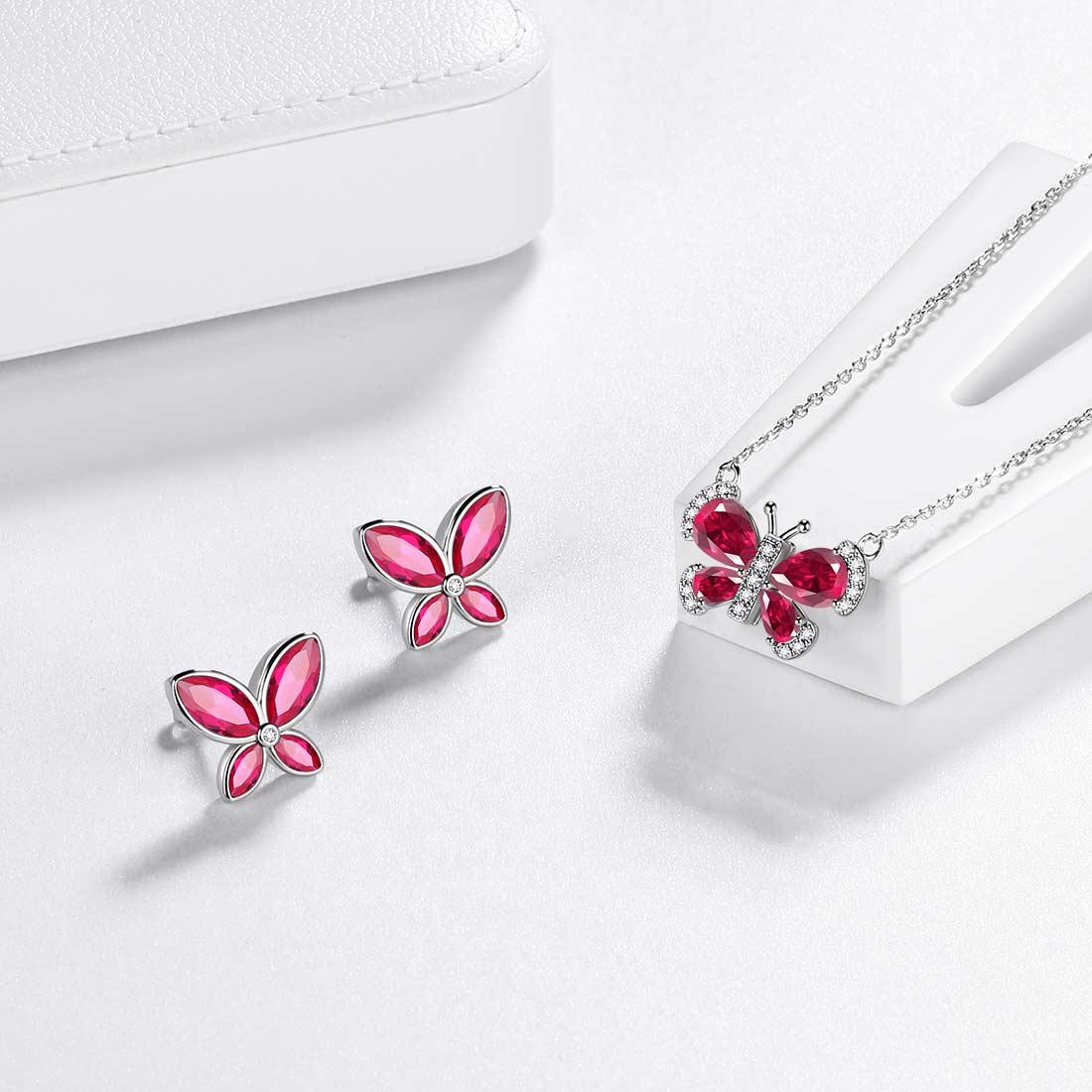 Tokyo Mart Butterfly Birthstone July Ruby Jewelry Set 3PCS Women Girls Birthday Gift