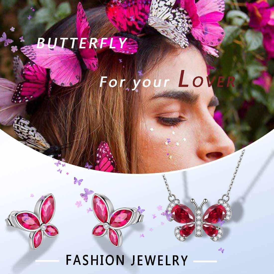 Tokyo Mart Butterfly Birthstone July Ruby Jewelry Set 3PCS Women Girls Birthday Gift