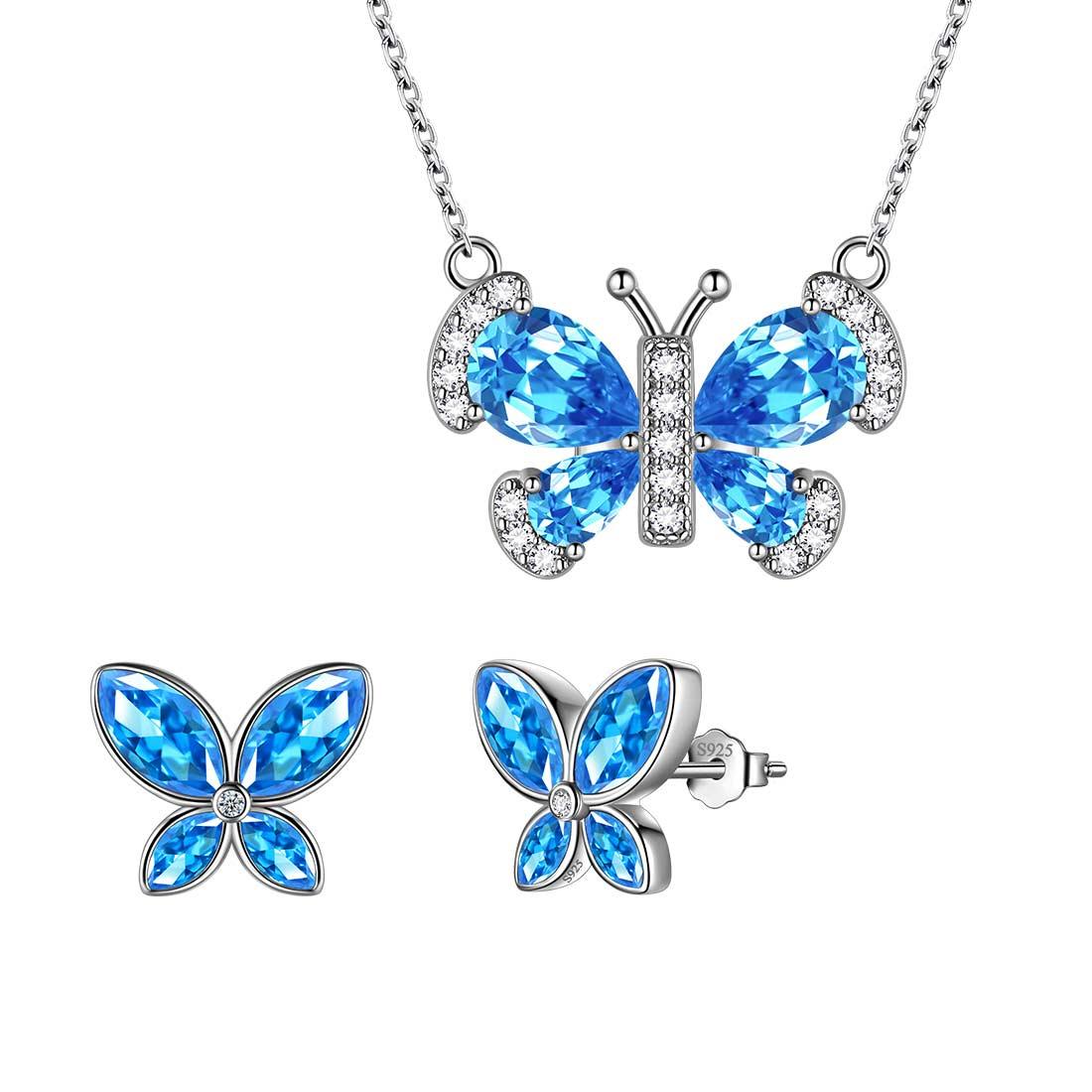 Tokyo Mart Butterfly Birthstone March Aquamarine Jewelry Set 3PCS Women Girls Birthday Gift