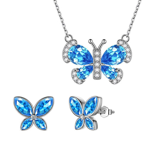 Tokyo Mart Butterfly Birthstone March Aquamarine Jewelry Set 3PCS Women Girls Birthday Gift