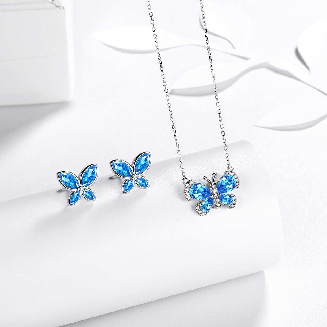 Tokyo Mart Butterfly Birthstone March Aquamarine Jewelry Set 3PCS Women Girls Birthday Gift