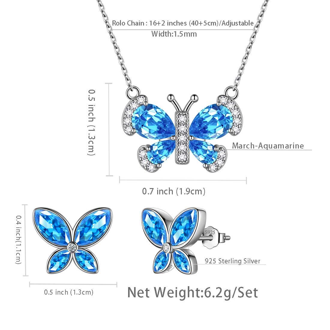 Tokyo Mart Butterfly Birthstone March Aquamarine Jewelry Set 3PCS Women Girls Birthday Gift