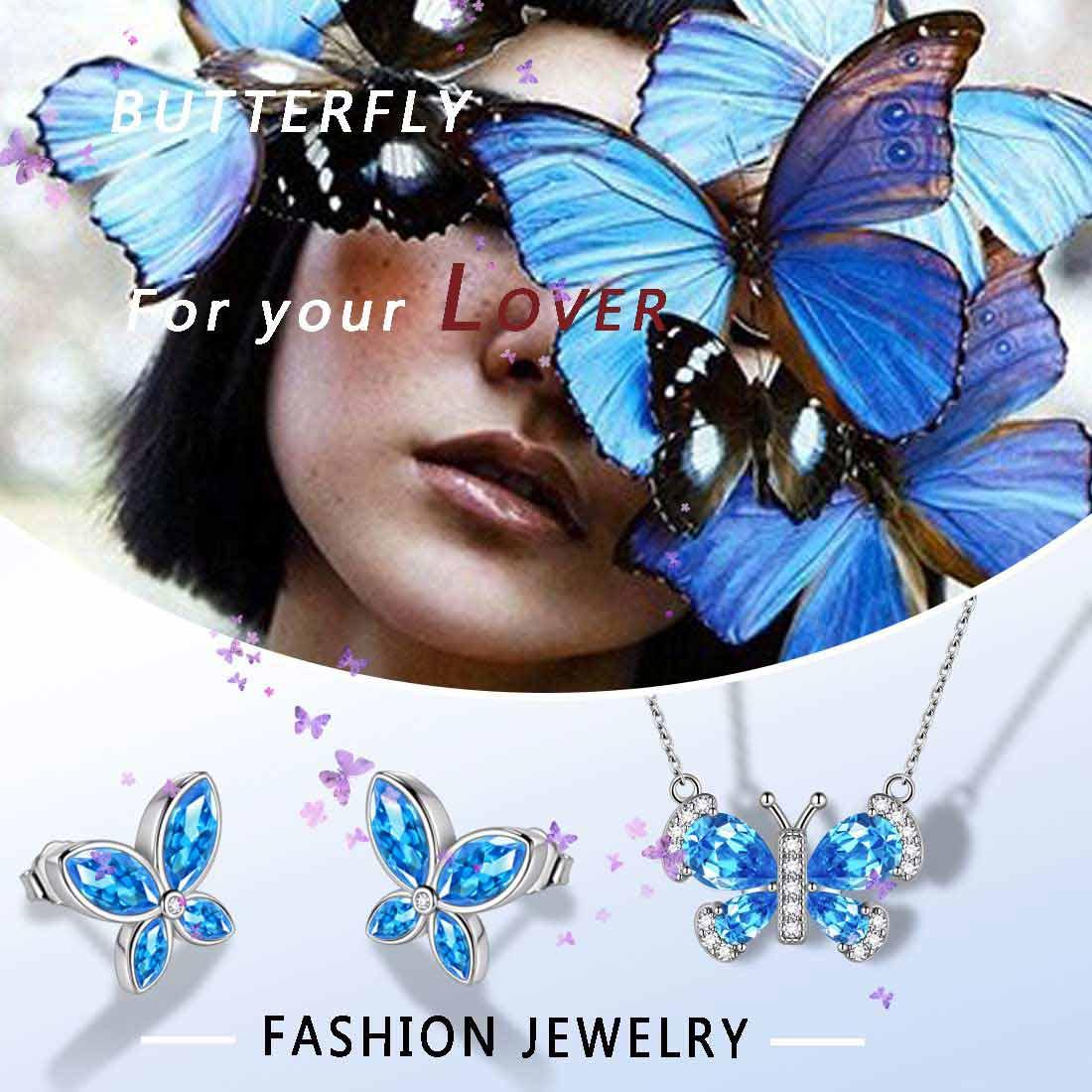 Tokyo Mart Butterfly Birthstone March Aquamarine Jewelry Set 3PCS Women Girls Birthday Gift