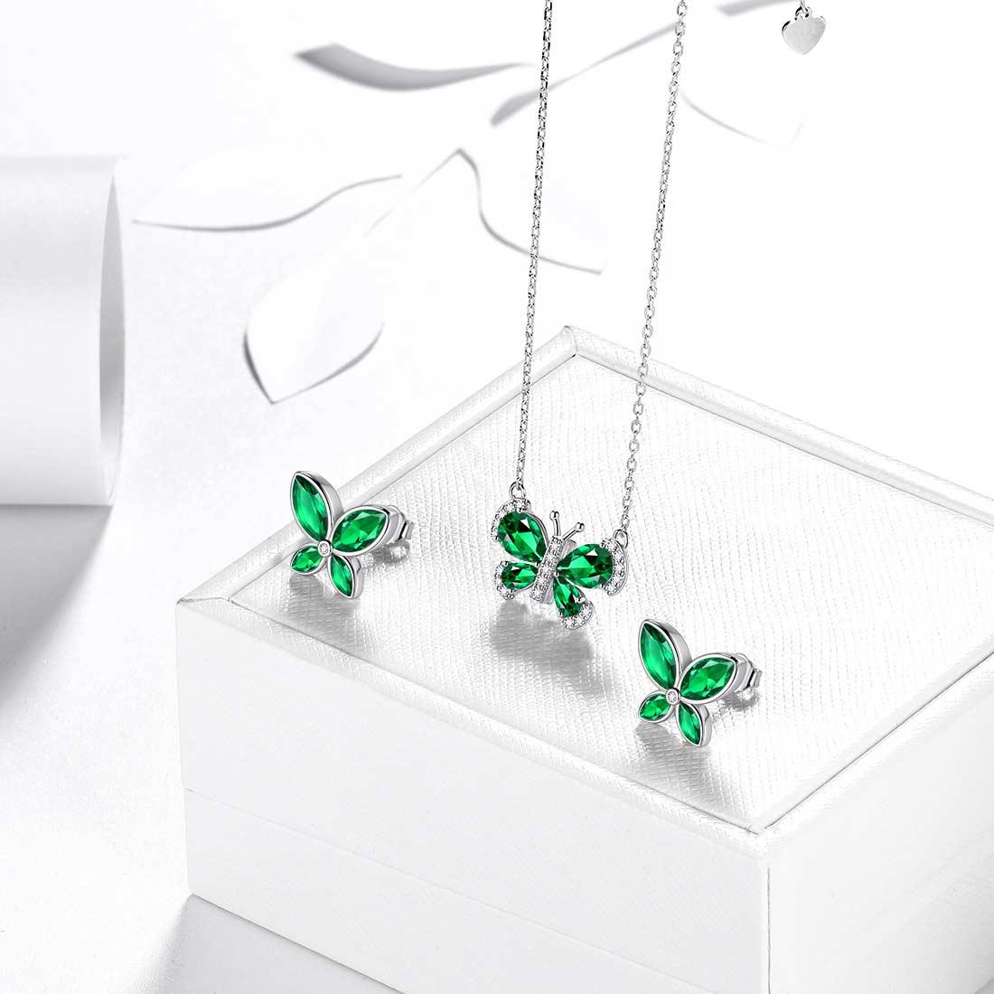 Tokyo Mart Butterfly Birthstone May Emerald Jewelry Set 3PCS Women Girls Birthday Gift