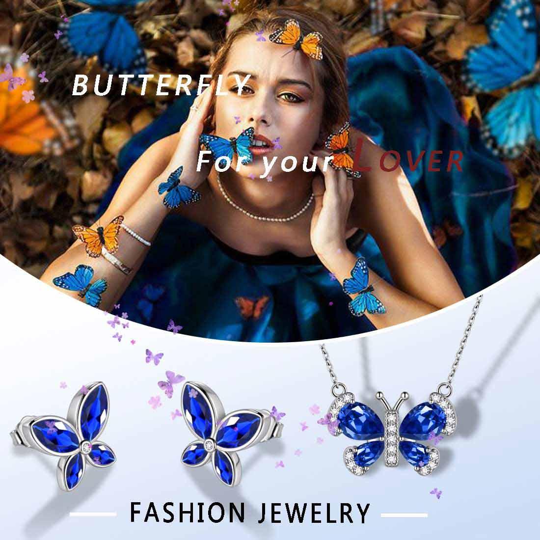 Tokyo Mart Butterfly Birthstone September Sapphire Jewelry Set 3PCS Women Girls Birthday Gift