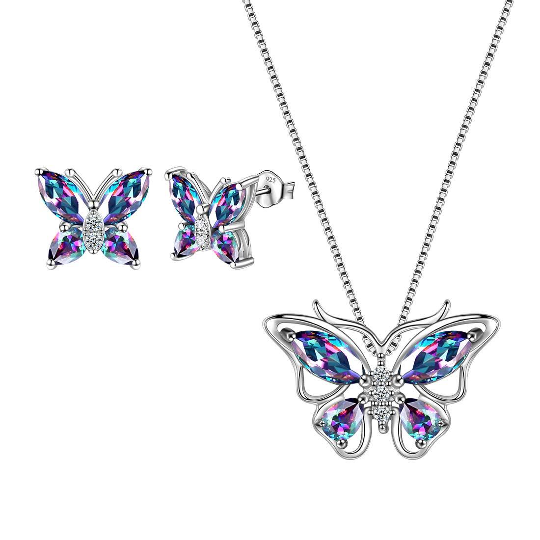 Tokyo Mart Butterfly Rainbow Mystic Topaz Jewelry Sets 3PCS Women Girls Gift Sterling Silver