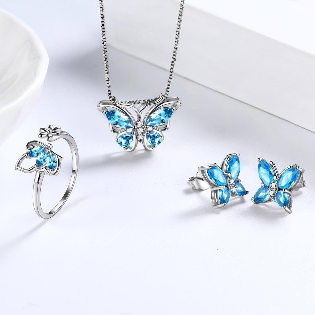 Tokyo Mart Butterfly Jewelry Set Birthstone March Aquamarine Women Girls Birthday Gift