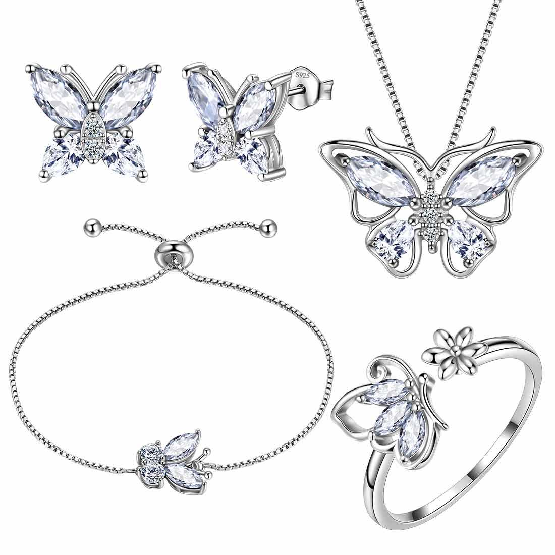 Tokyo Mart Women Butterfly Necklace Earrings Ring Bracelet Jewelry Set Birthday Gift 925 Sterling Silver