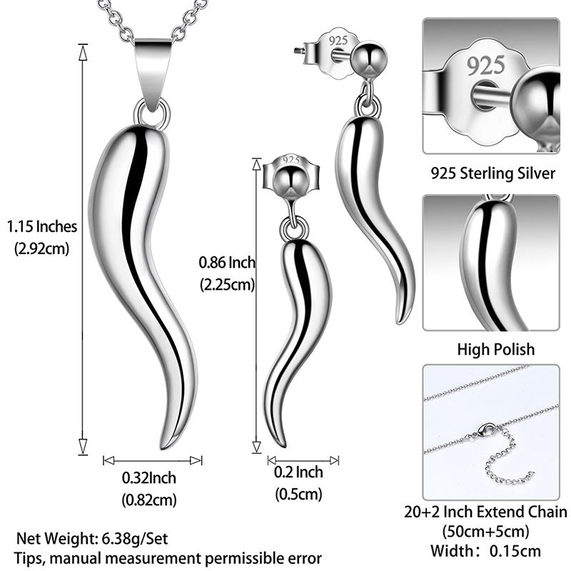 Tokyo Mart Glücksbringer-Schmuckset mit Halskette und Ohrringen aus italienischem Horn für Herren und Damen, 925er Sterlingsilber